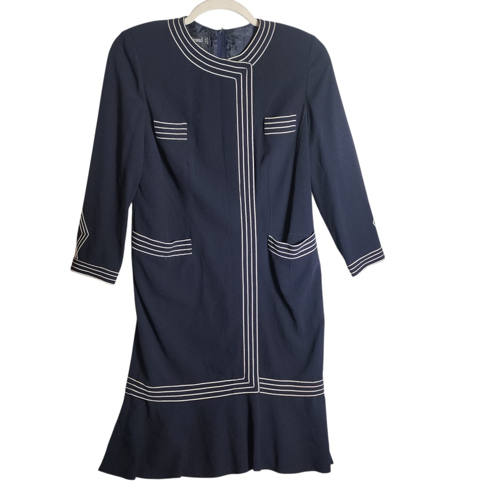 Louis Feraud Vintage Navy Blue White Trim Midi Dress West Germany Size 14
